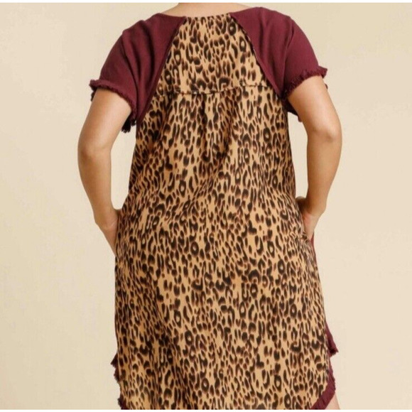 Umgee Womens Wine Animal Back Fishtail Scoop Tunic Dress Size Large Fall Boho - Picture 5 of 15